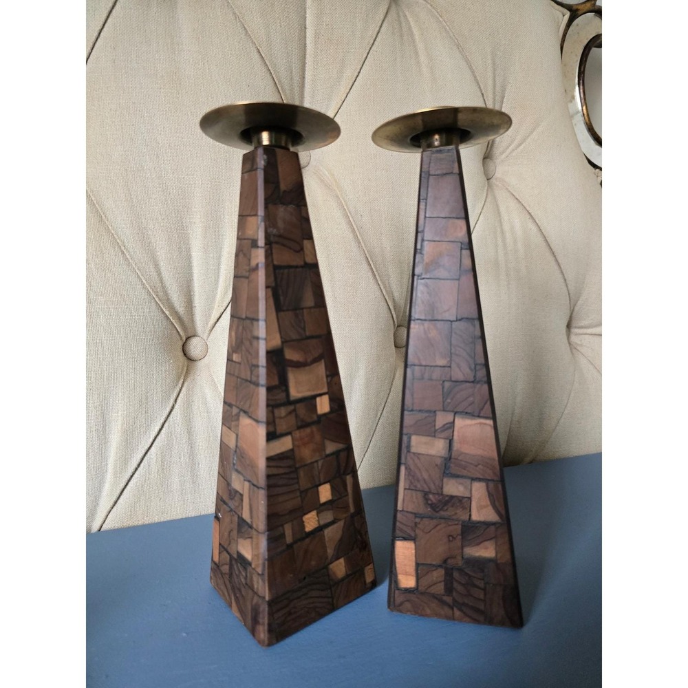 Mid Century Olive Wood Obelisk Candlesticks Pair Mosaic Inlay